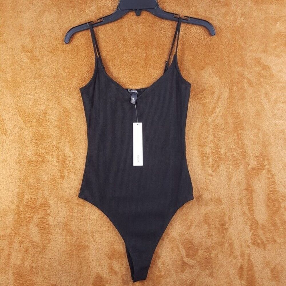 AQUA Womens Top XS Black Bodysuit Tank Ribbed Adjustable Spaghetti Strap